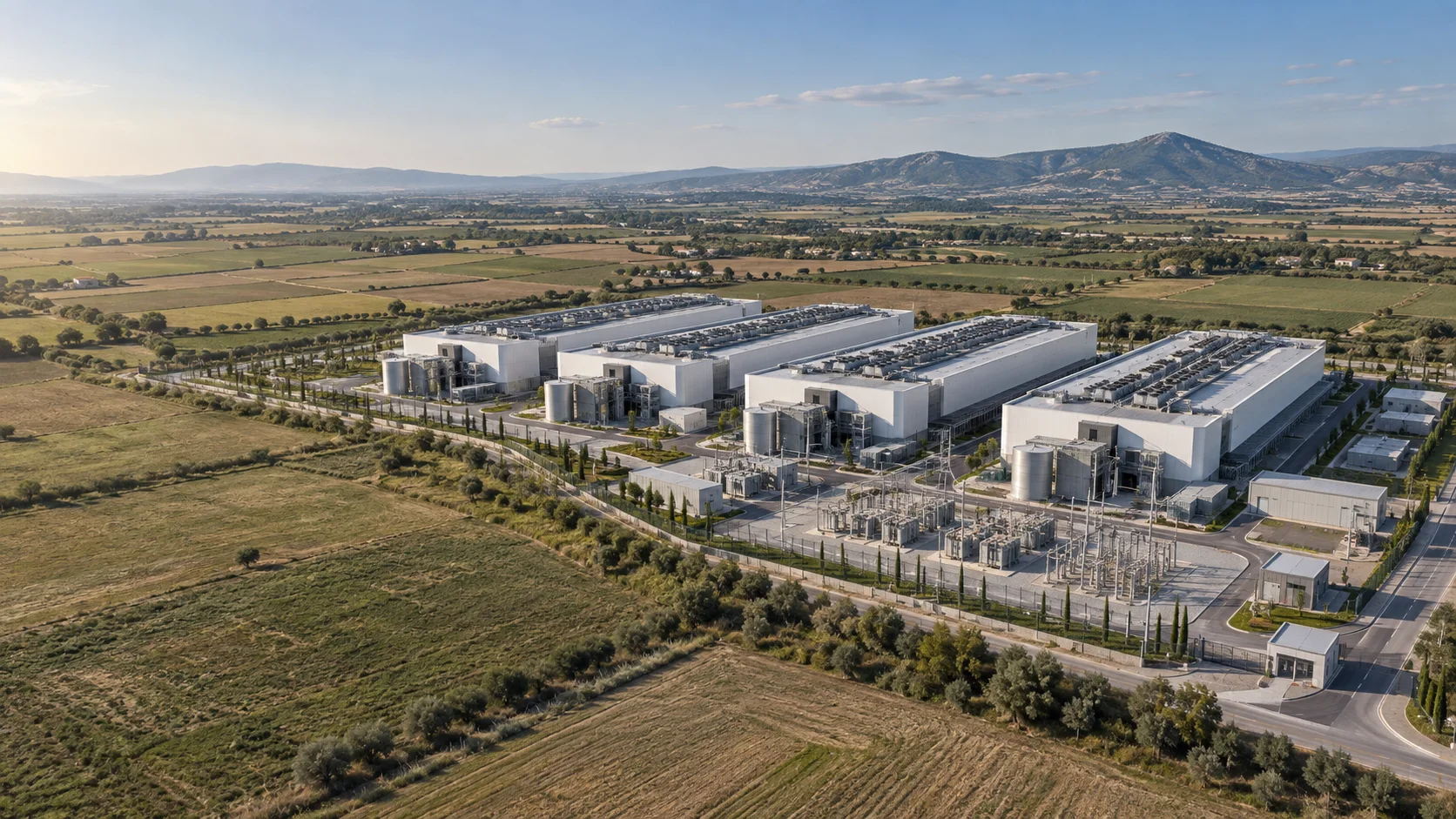 Architectural concept of a future four-building data centre campus in a Mediterranean landscape. Not the actual site or final design.
